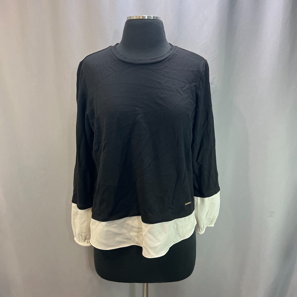 Anne Klein Blouse Top Womens Medium Black White Faux Layered Long Sleeve Classic